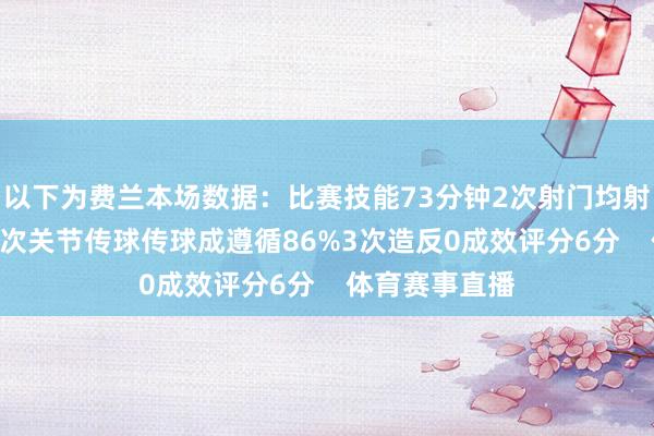 以下为费兰本场数据：比赛技能73分钟2次射门均射正26次触球1次关节传球传球成遵循86%3次造反0成效评分6分    体育赛事直播